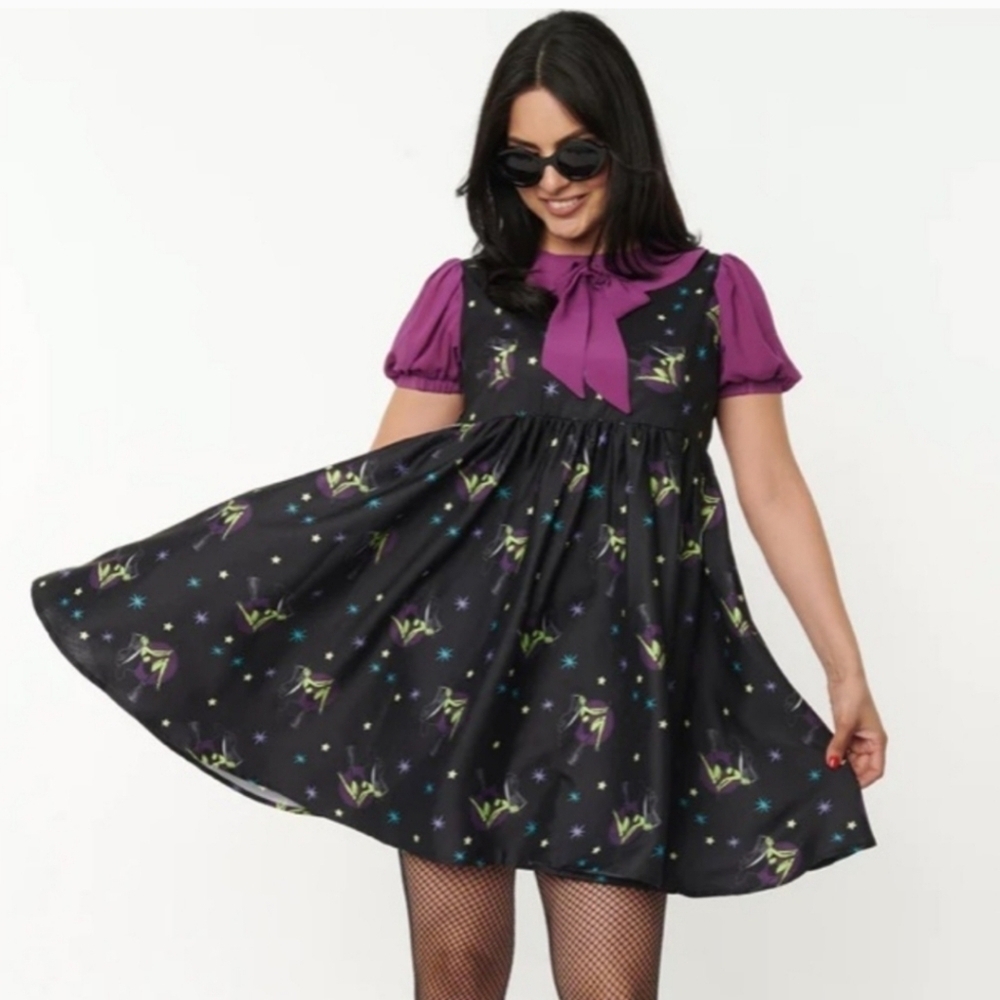 Unique Vintage Black Arden Pin Up Witch Print Babydoll Dress, Size Medium. NWT